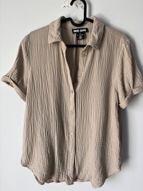 DKNY Jeans Beige Crepey Cotton Button-up  Collared Top | Size S